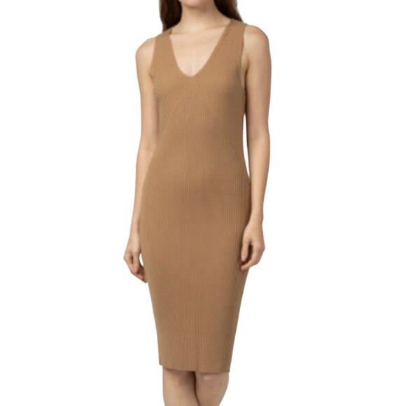 Mod Ref Janine sheath midi ribbed sweater dress neutral minimalist fall brown M - Picture 1 of 12